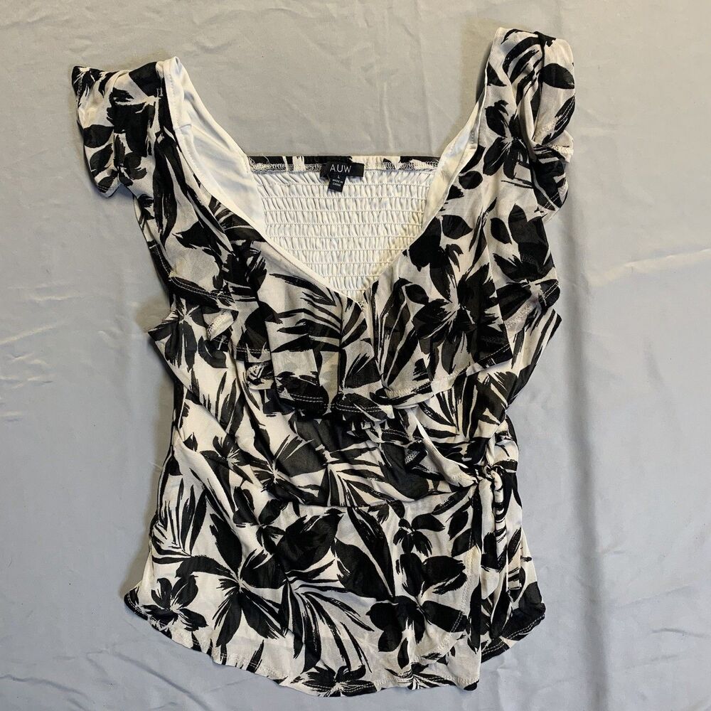 Auw Women's Blouse Size Large Black Double Lined Stretch Preppy Cottage Floral